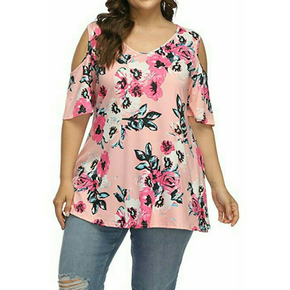 Pink plus size floral cold shoulder top